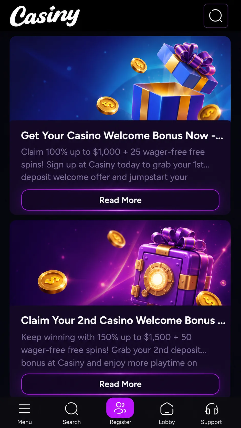 Casiny Casino Australia mobile bonus screen and account controls