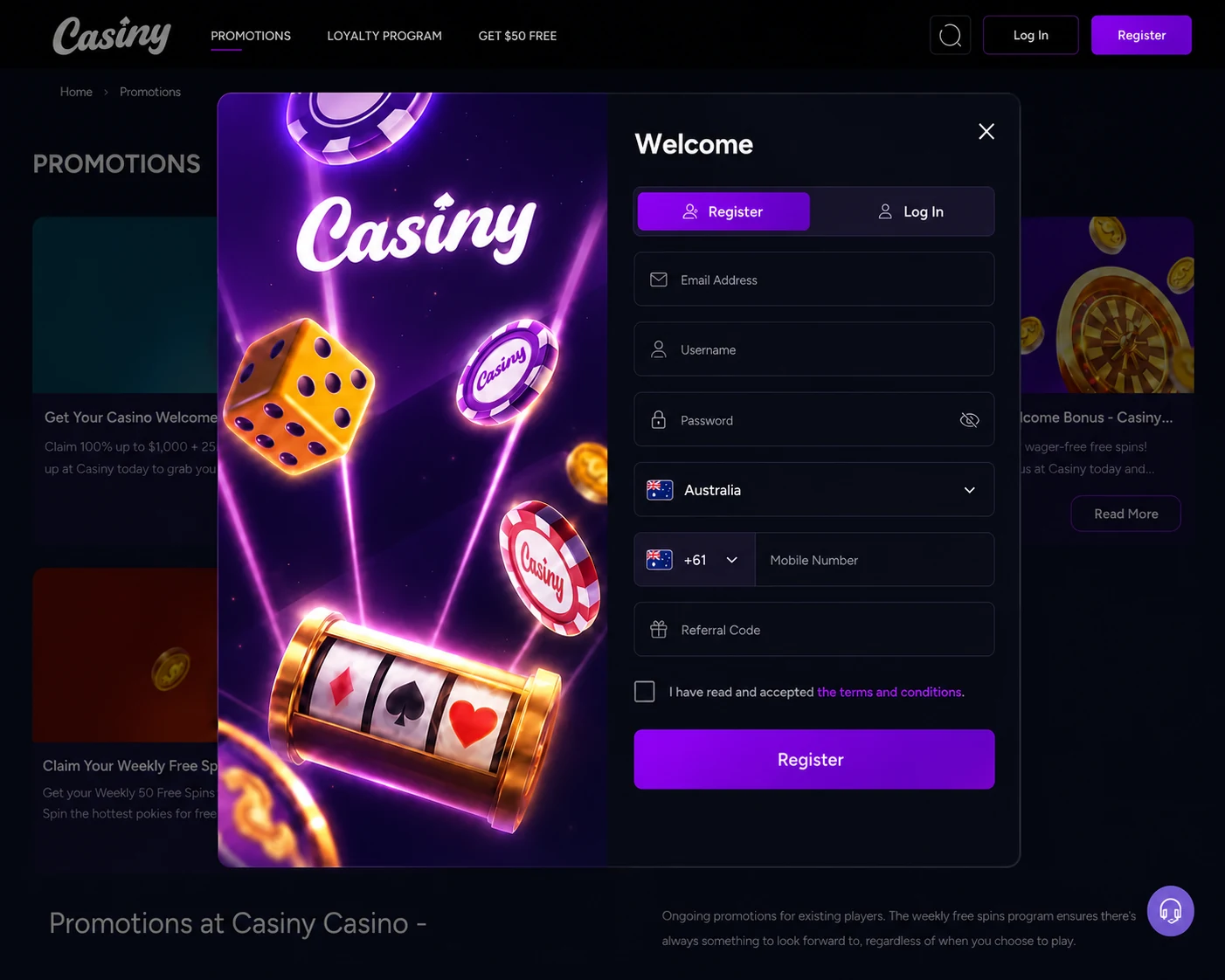 Casiny Casino Australia registration form preview