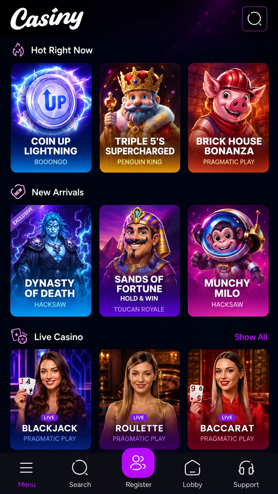 Casiny Casino Australia mobile slots lobby and navigation