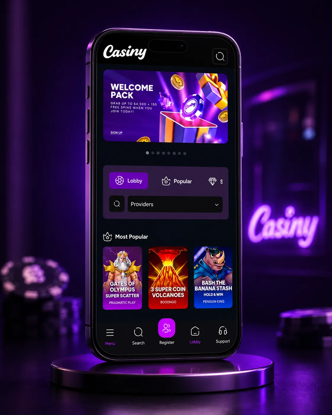 Casiny Casino Australia mobile lobby and navigation