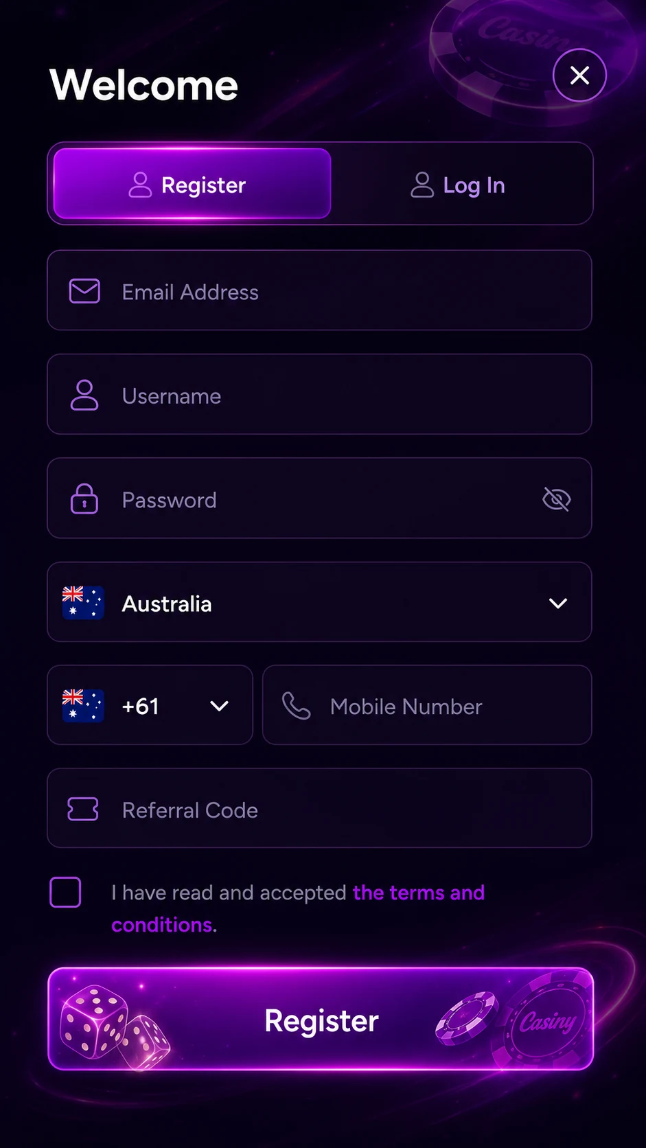 Casiny Casino Australia mobile registration form preview